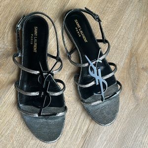 YSL SILVER METALLIC CASSANDRA SANDALS